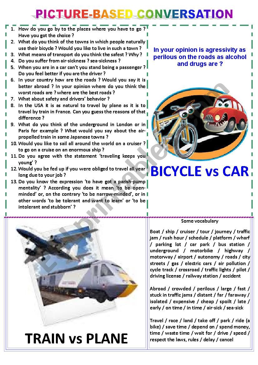 Picture-based conversation : topic 37 - bike vs car & train vs plane