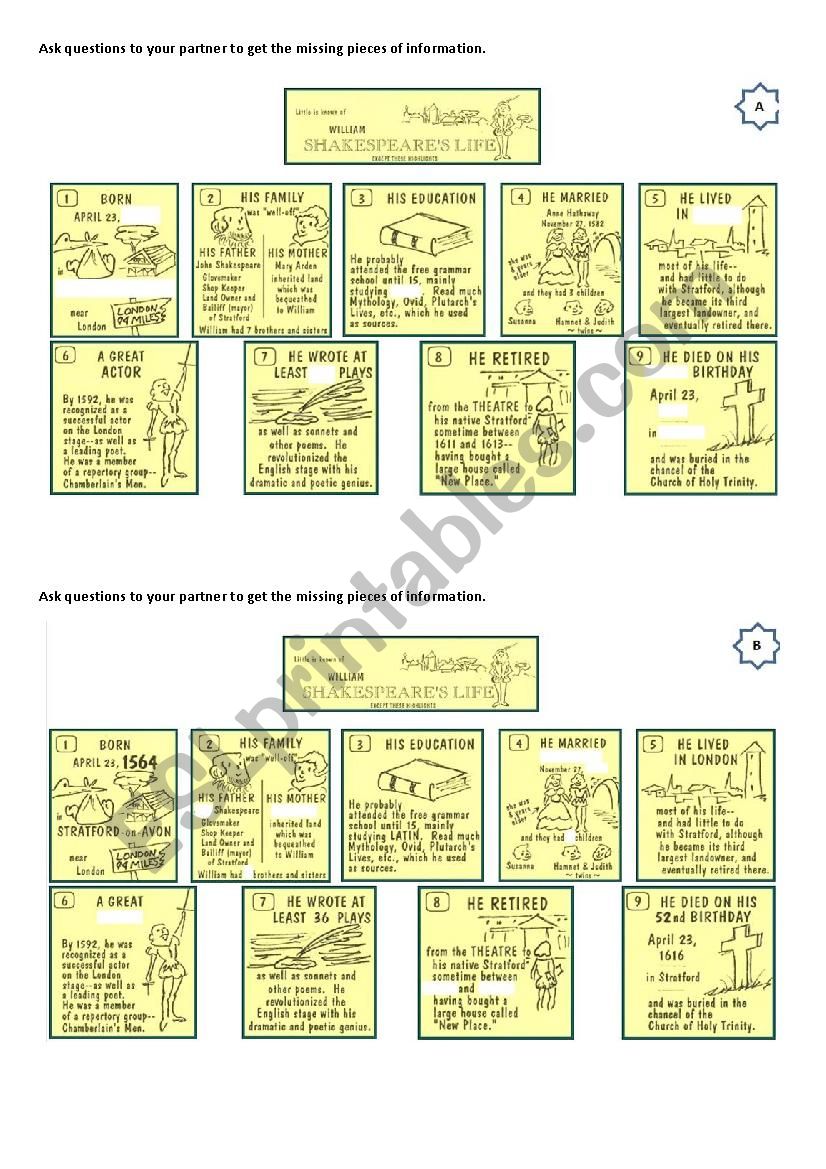 William Shakespeares life worksheet