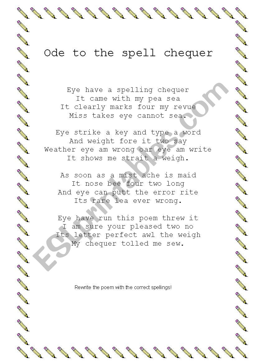 Ode to the spell chequer worksheet
