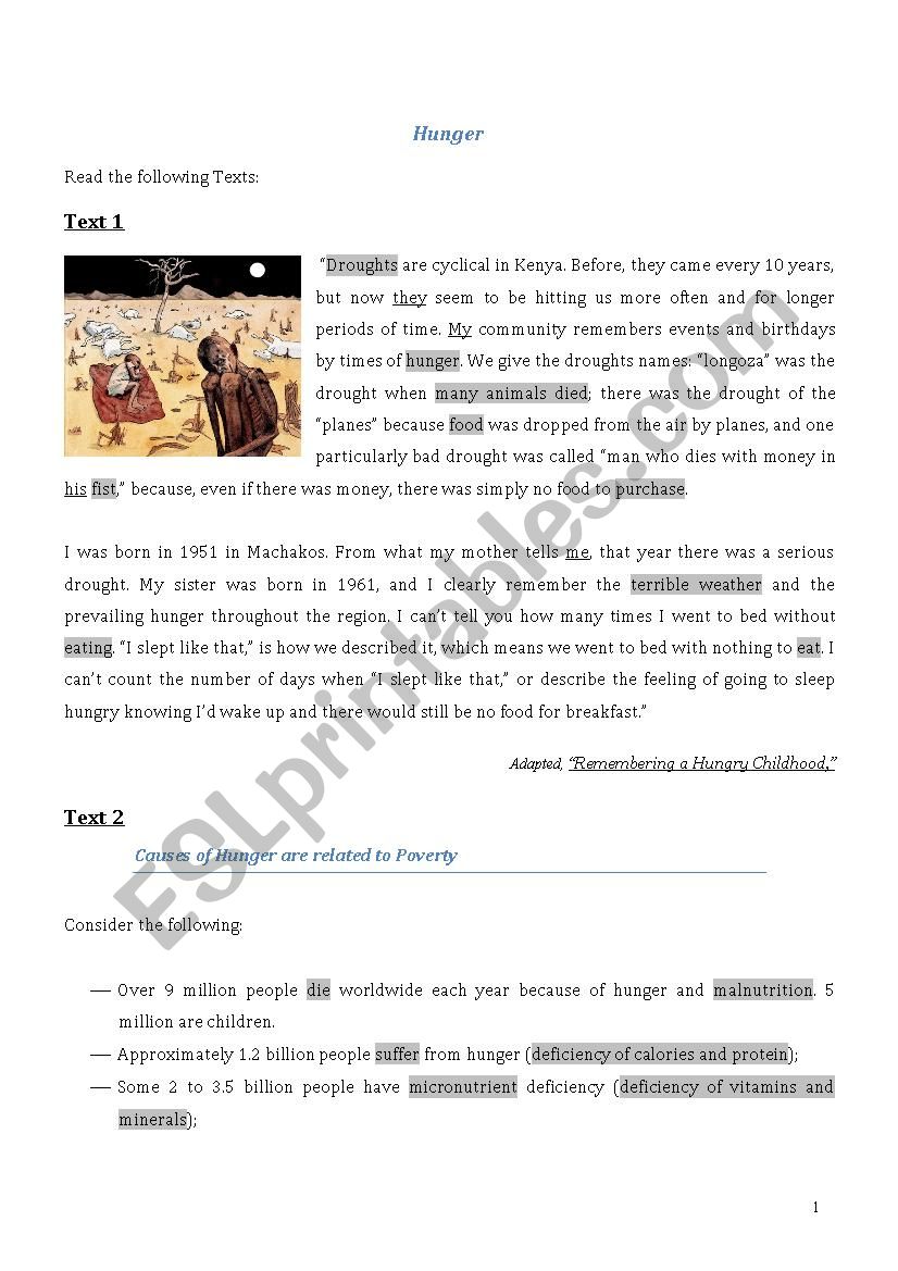Hunger - Text Comprehension worksheet