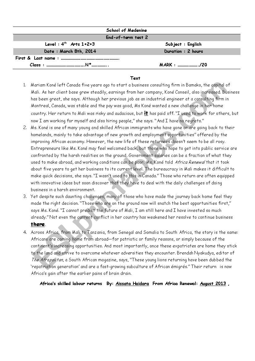 Test 4, Level 4 secondary + correction