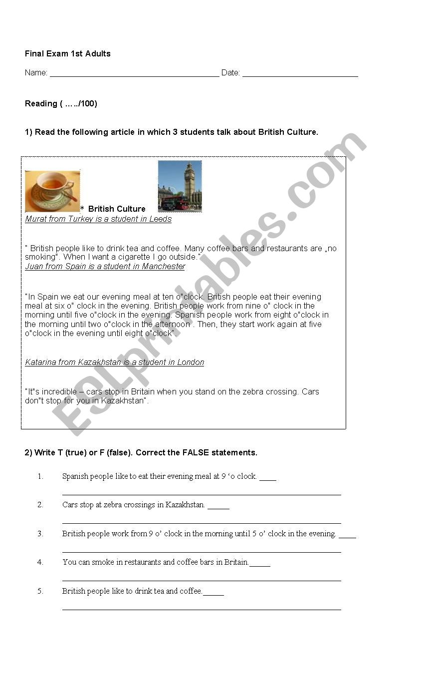 Exam for ESL adults - Elementary level (coursebook: New English File Elementary)