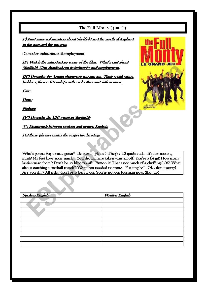 The Full Monty - film worksheet