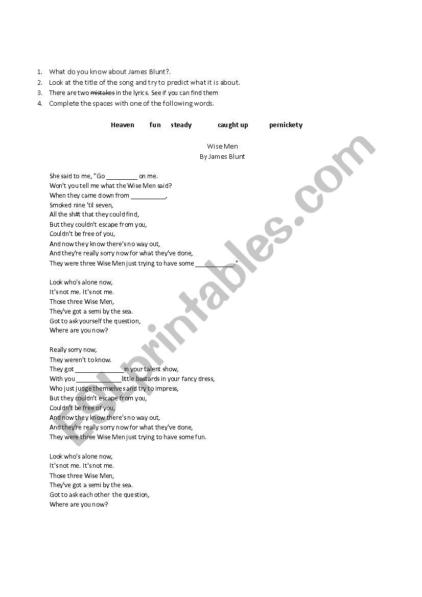 Wisemen James Blunt worksheet