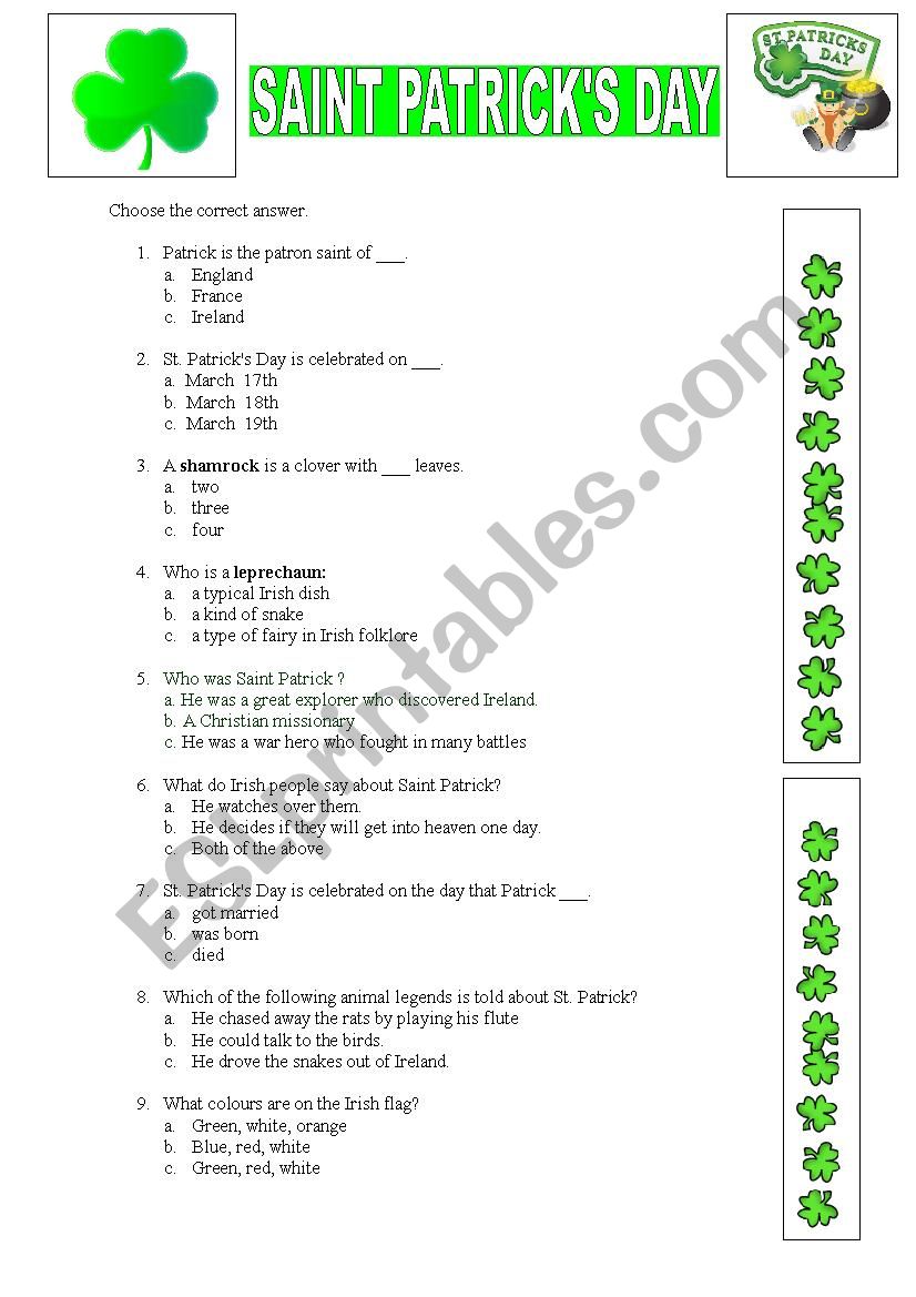 St. Patricks Day Quiz worksheet