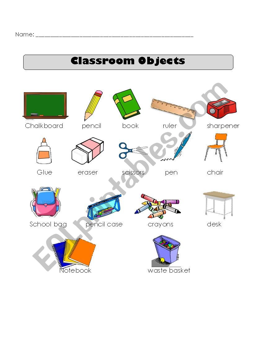 Classroom objects vocabulary worksheet