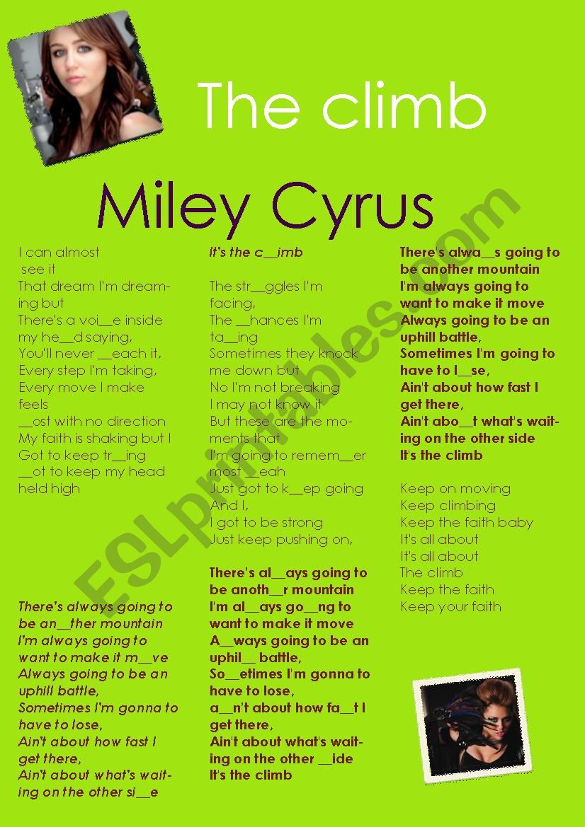 miley cyrus singing THE CLIMB worksheet