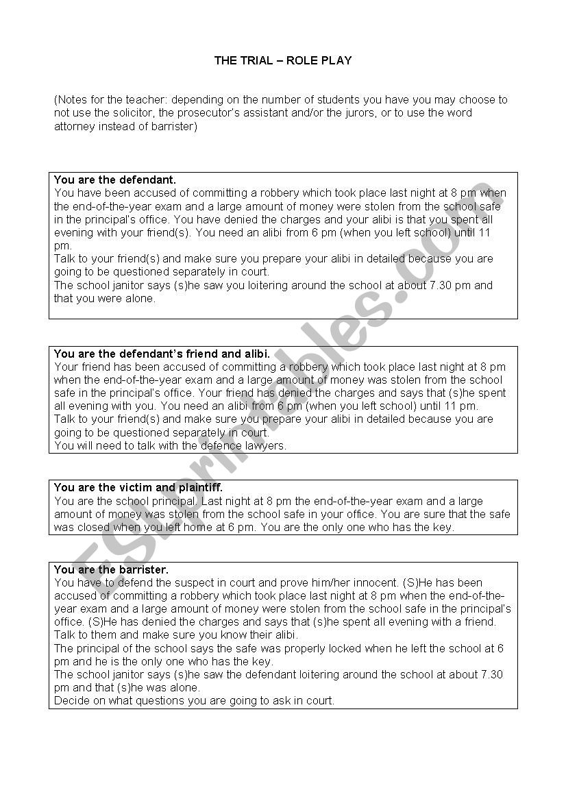 The trial - Role Play worksheet