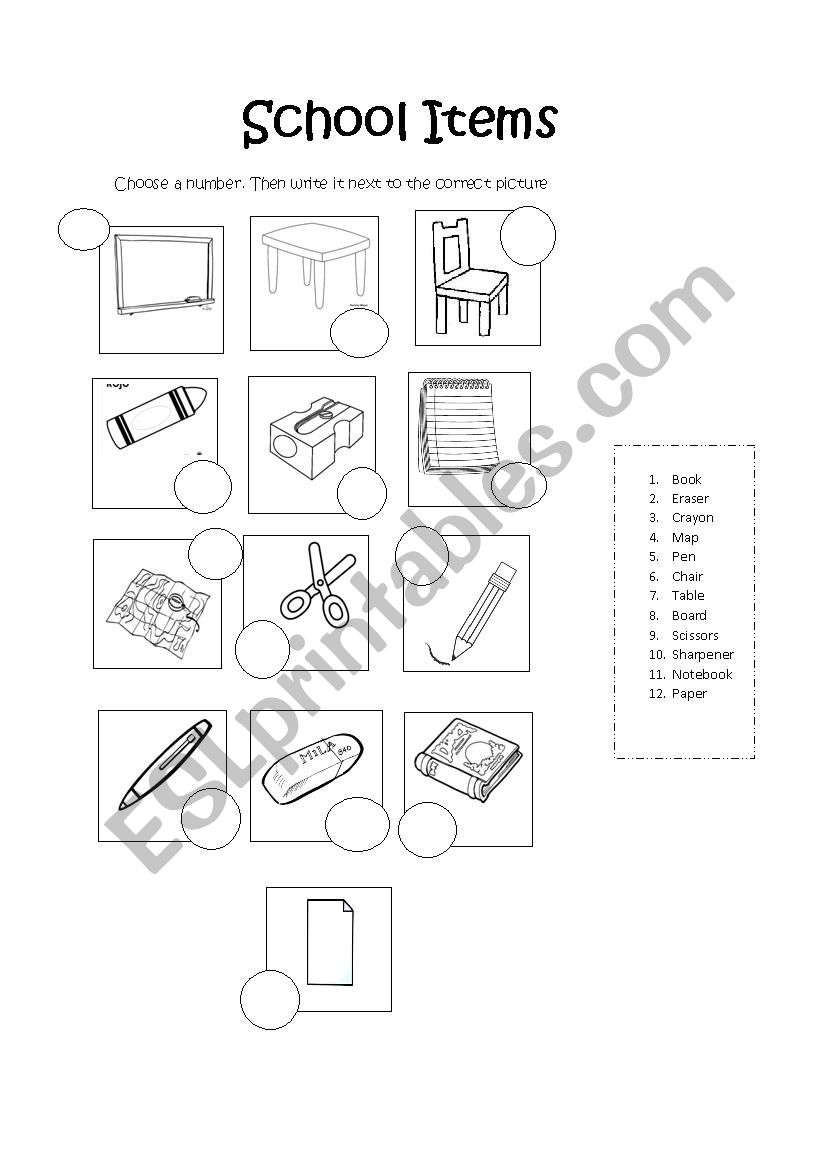 School Items worksheet