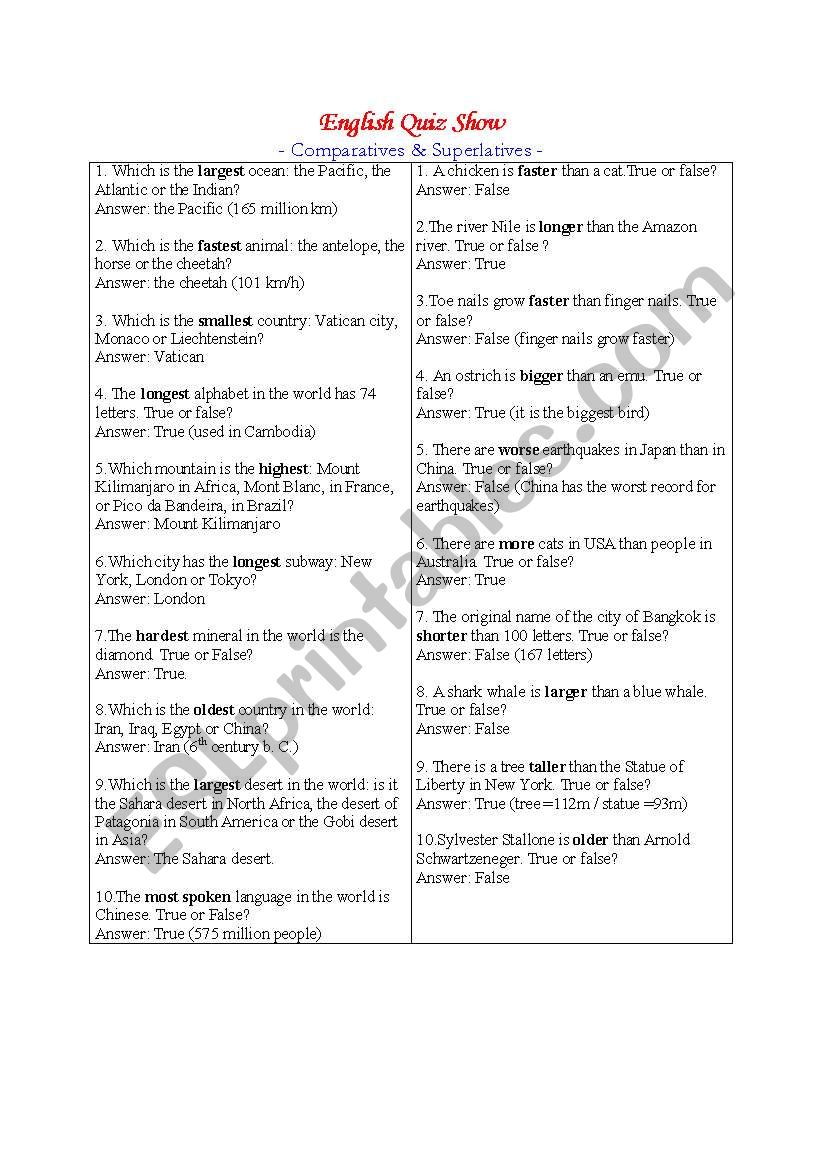 Quiz Show with Comparatives & Superlatives