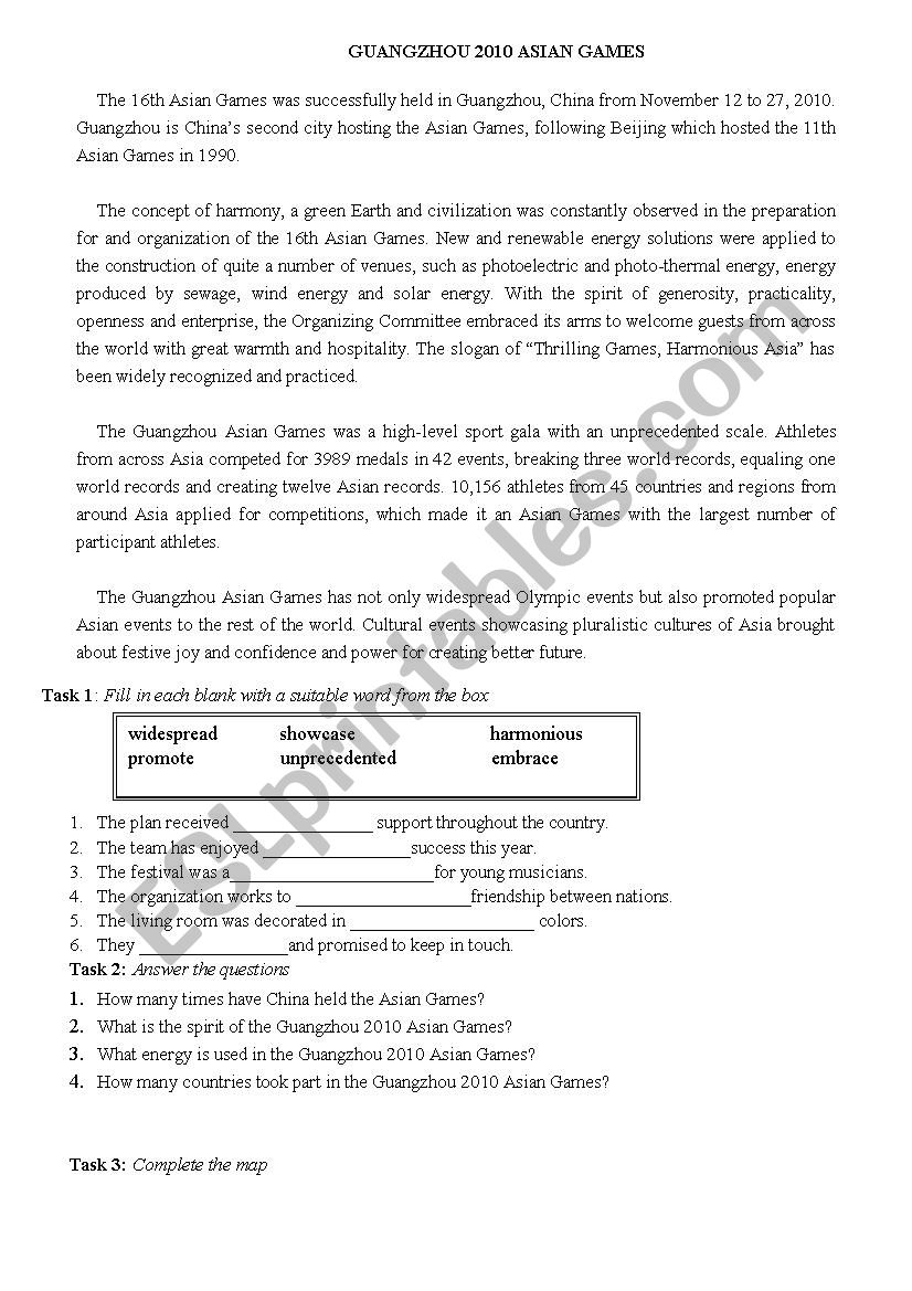 THe Asian Games 2010 worksheet