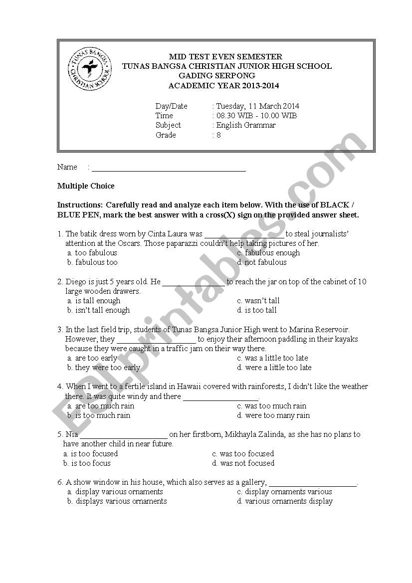 Grammar Mid Test Multiple Choice for grade 8