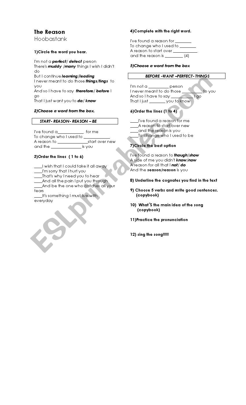 Song The Reason worksheet