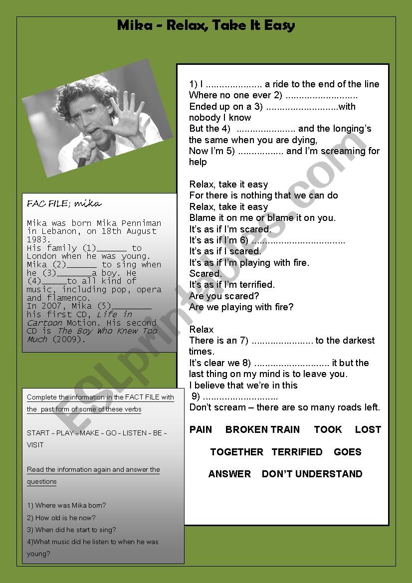 Mika - Relax, take it easy. worksheet