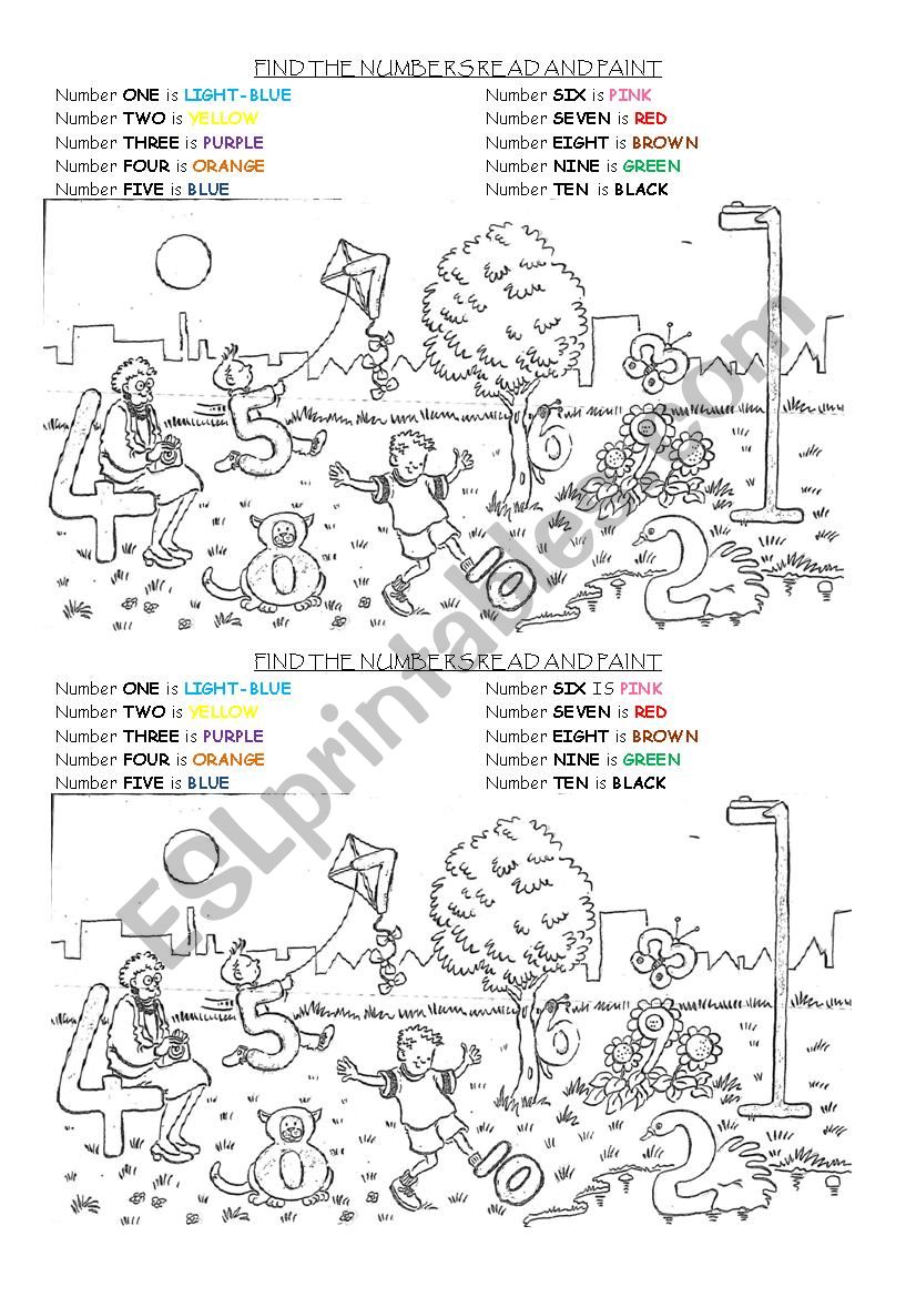 find, read and paint worksheet