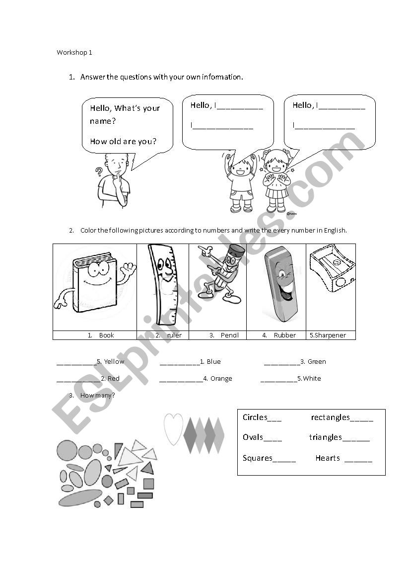 simple Workshop about greetings, numbers, colors and school things