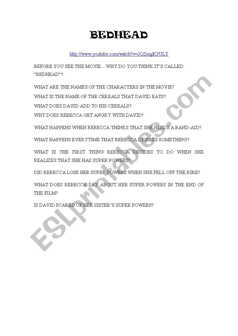 Bedhead worksheet