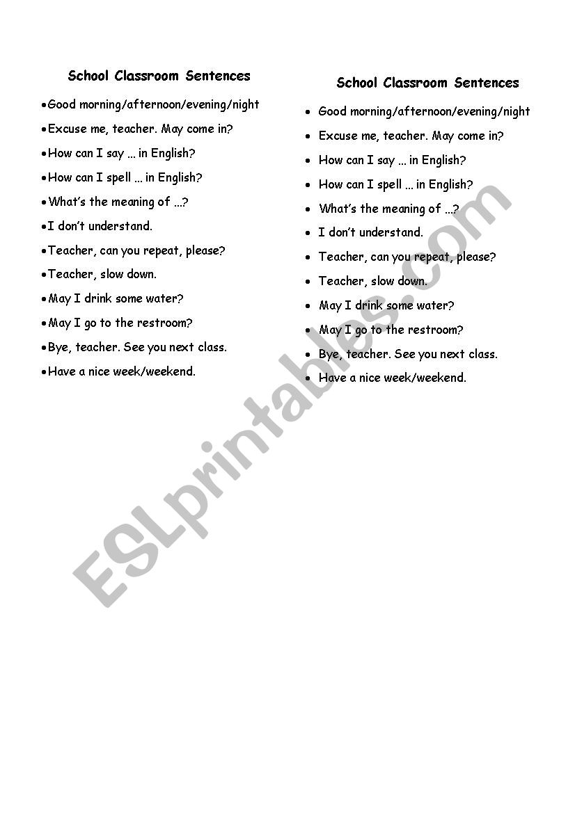 School classroom sentences worksheet