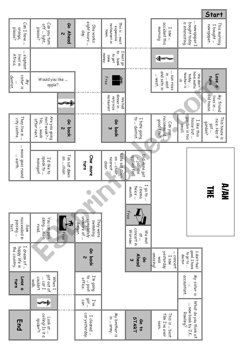 a/an, the - board game worksheet