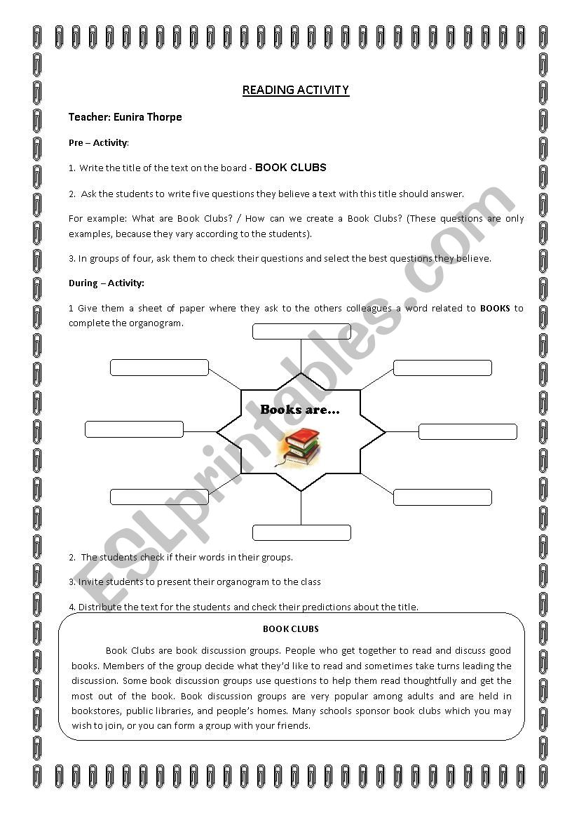 Reading activity - Book Clubs worksheet