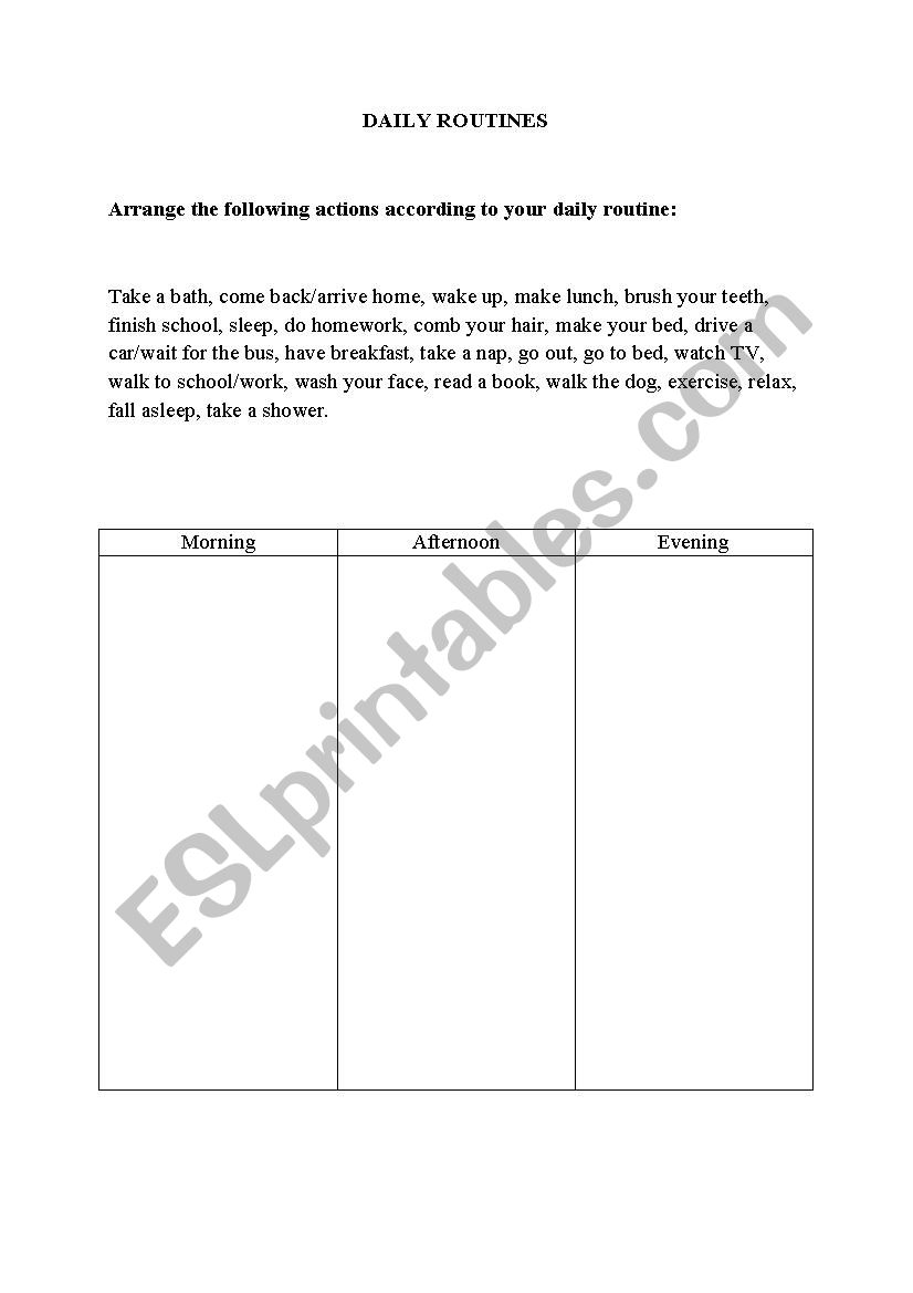 Daily Routines Table worksheet