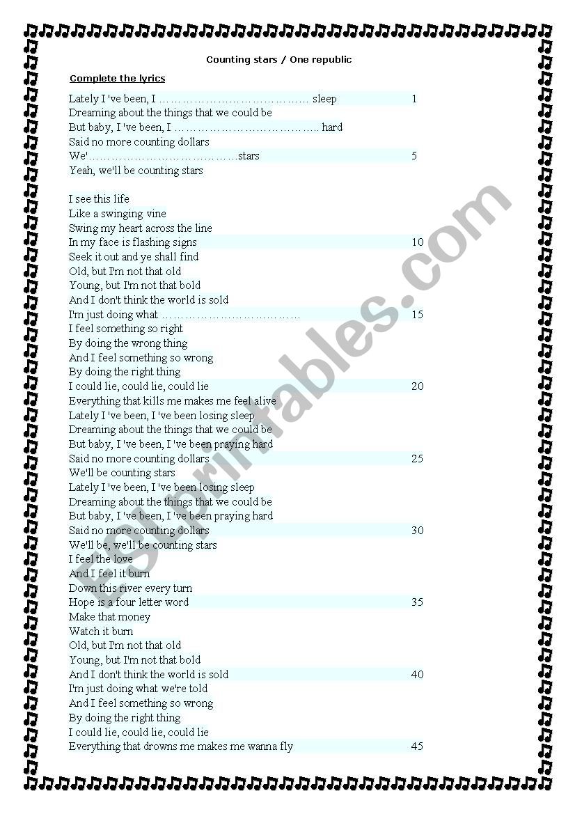 counting stars / one republic worksheet