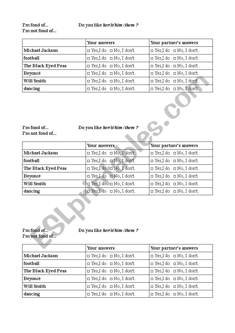 pairwork object pronouns worksheet