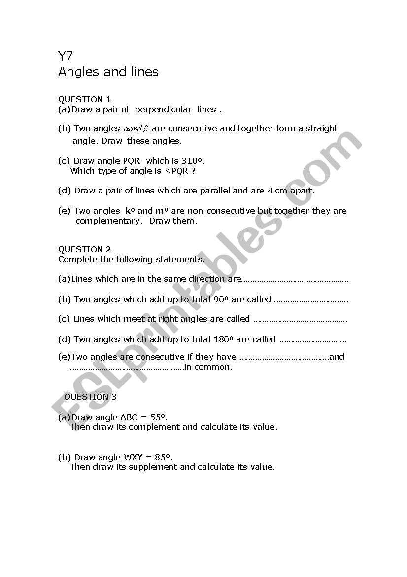 Angles and lines worksheet