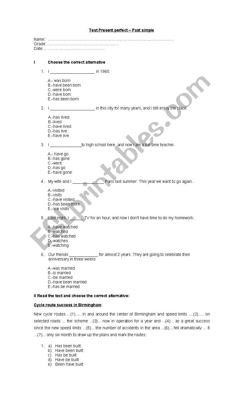 Past Simple and Present Perfect Test