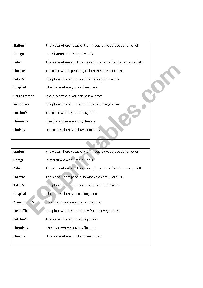 Places in town-Matching worksheet