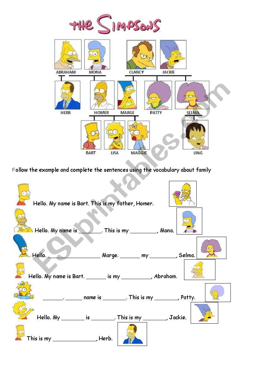Simpsons family members worksheet