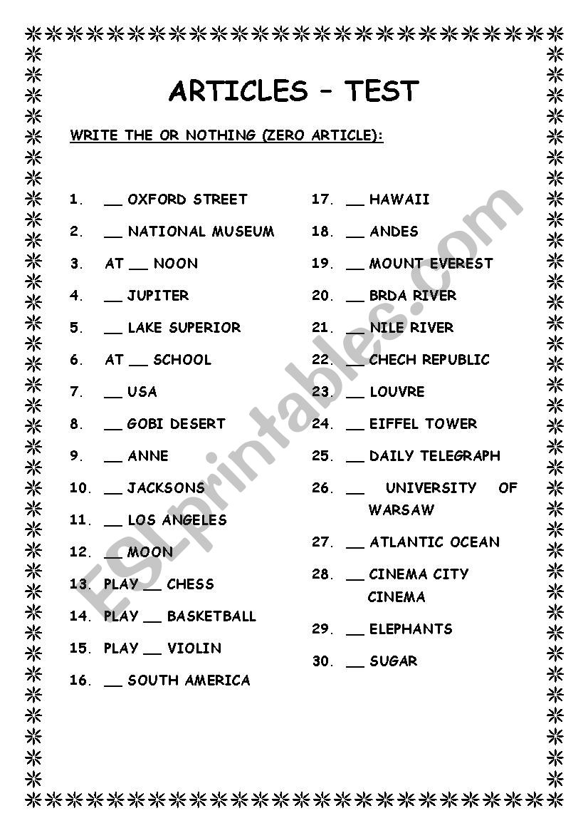 THE and ZERO articles worksheet