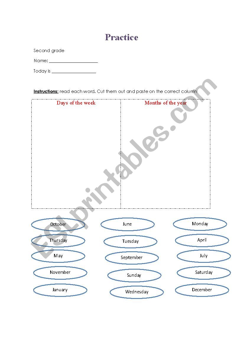 days and months worksheet