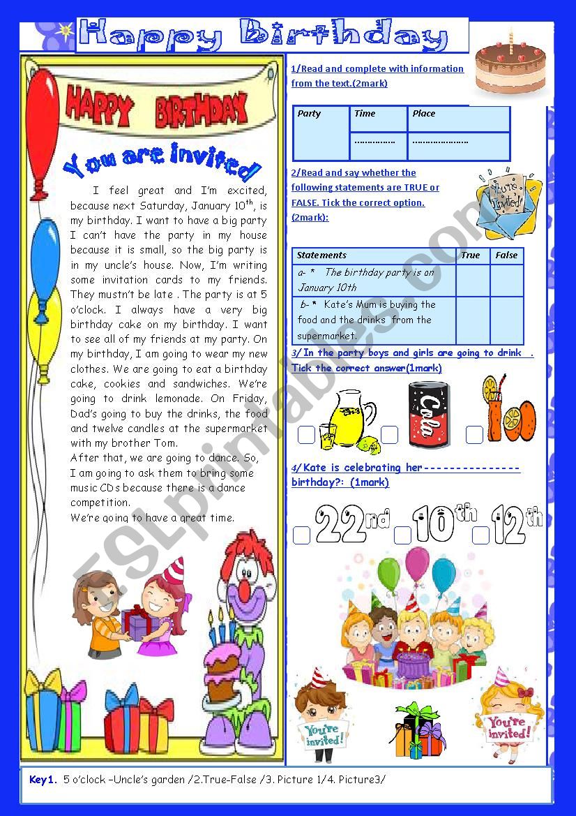 Happy Birthday(End of Term2 Test 7th form)2Parts: Reading Comprehension+Language+Key.