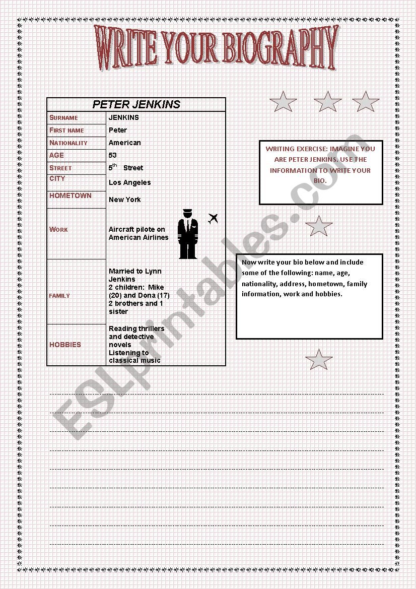 WRITE YOUR BIO OR SOMEONE ELSE´S BIO - ESL worksheet by flo12