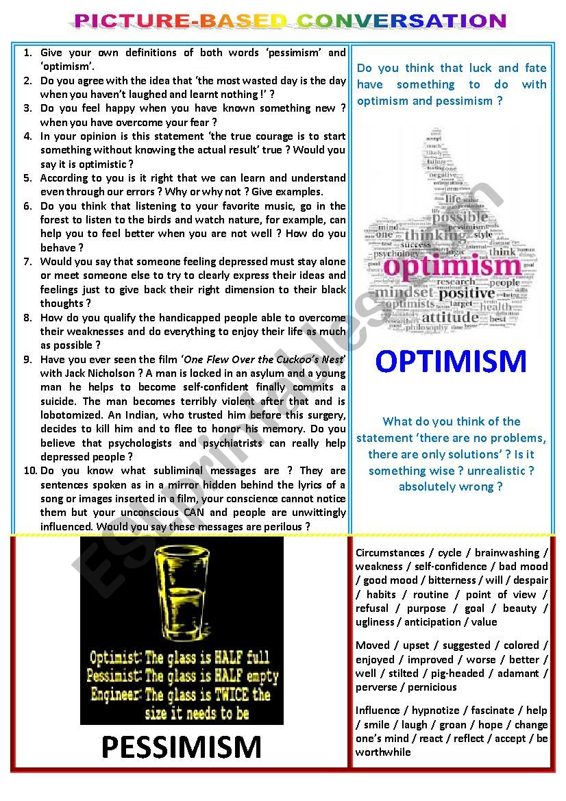 Picture-based conversation : topic 41 - pessimism vs optimism