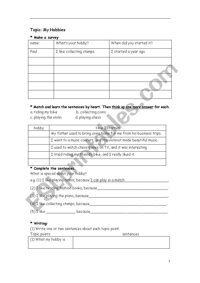 my hobbies worksheet