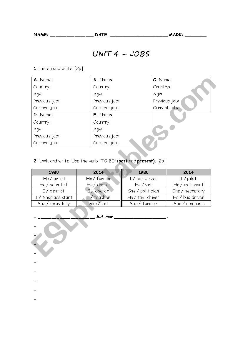 Jobs test worksheet