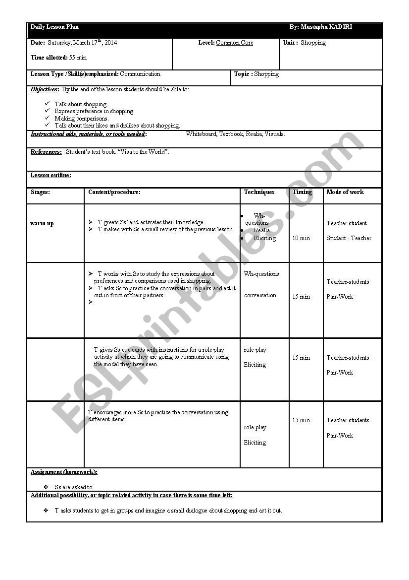 Communication about shopping worksheet