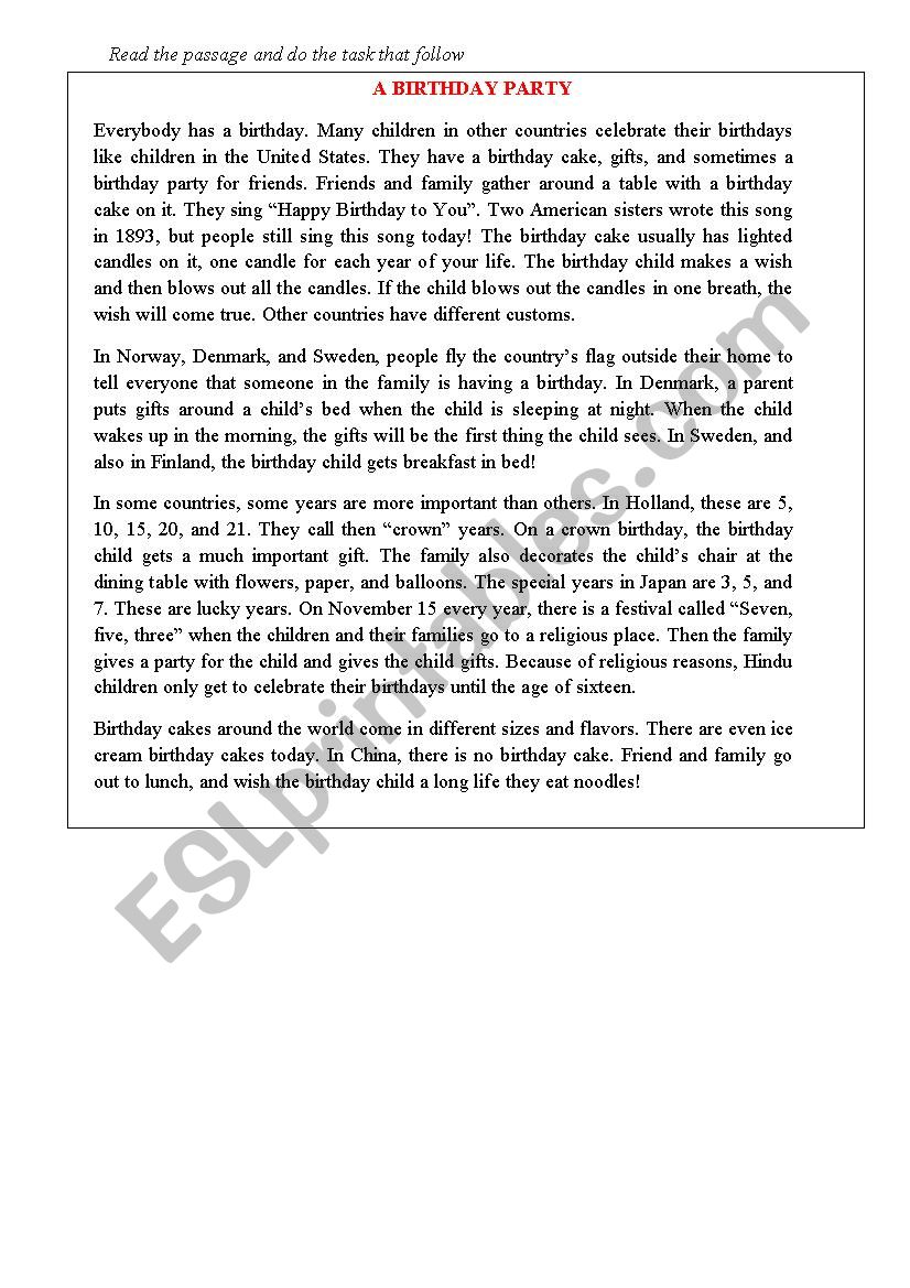 Reading: A party worksheet