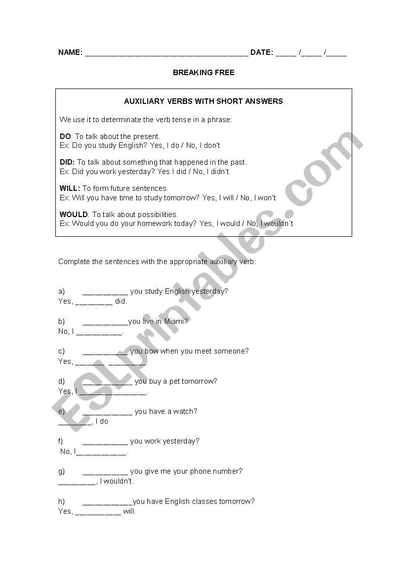 DO, DID, WILL and WOULD worksheet