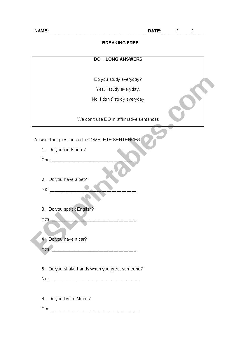 Long answers in the present worksheet