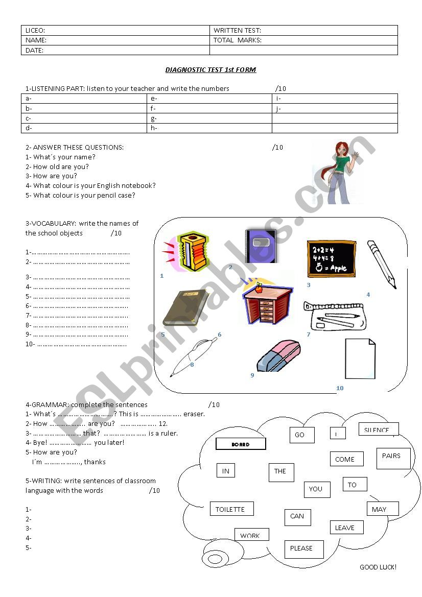 DIAGNOSTIC TEST FOR BEGINNERS worksheet