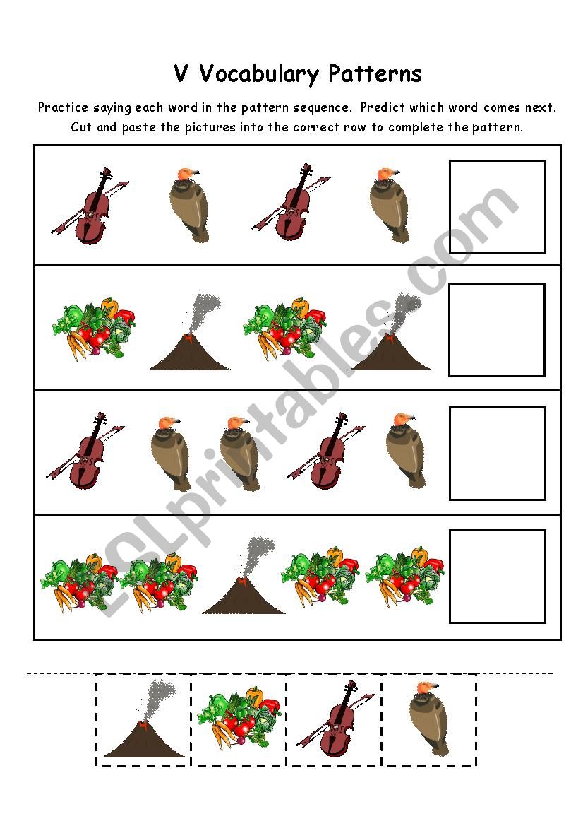 Letter V Vocabulary Patterns worksheet