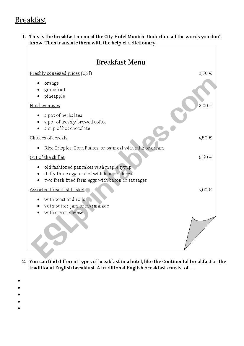 Breakfast worksheet