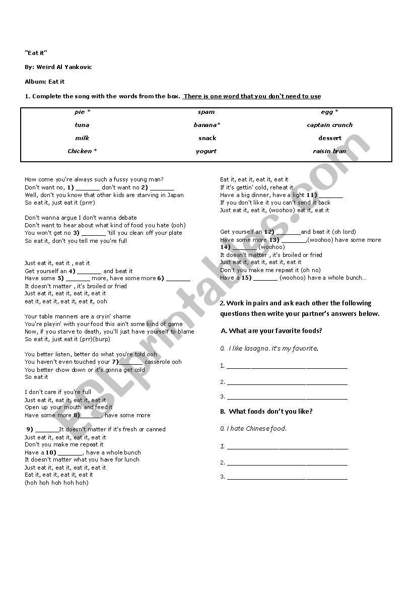 Eat it Song worksheet