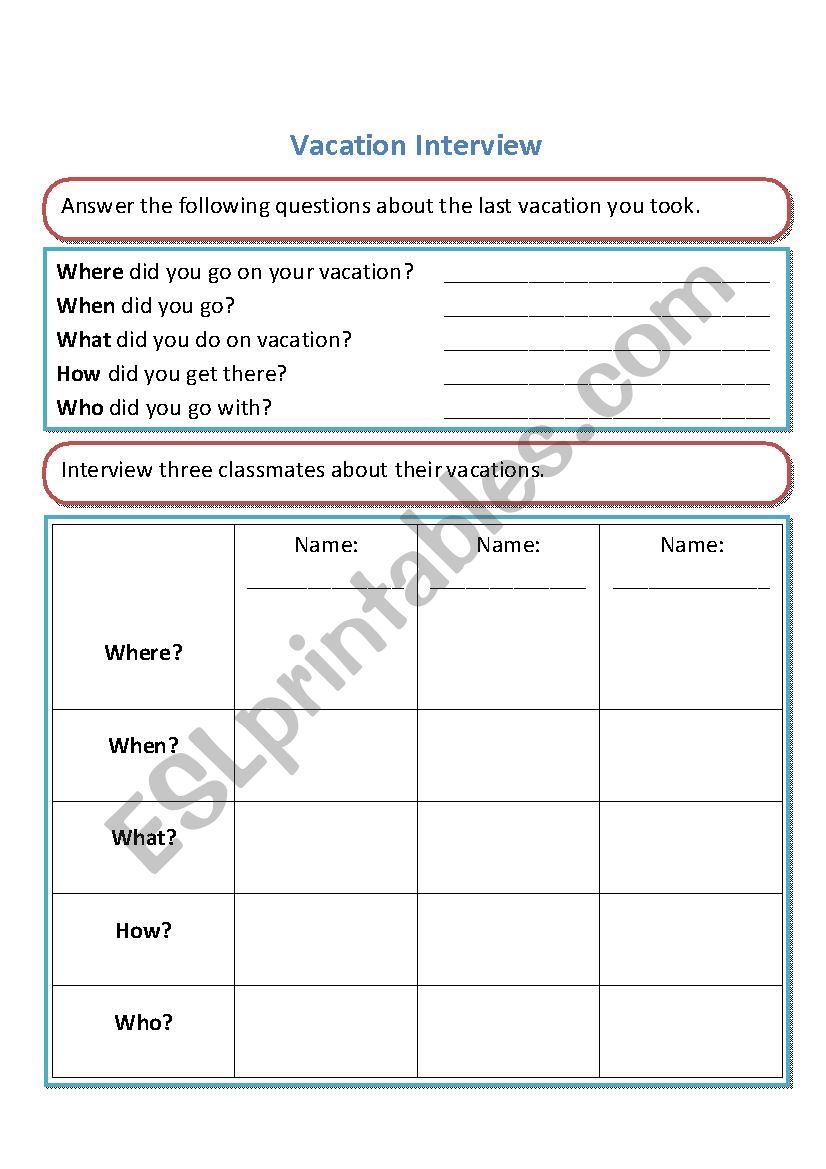 Vacation Interview worksheet