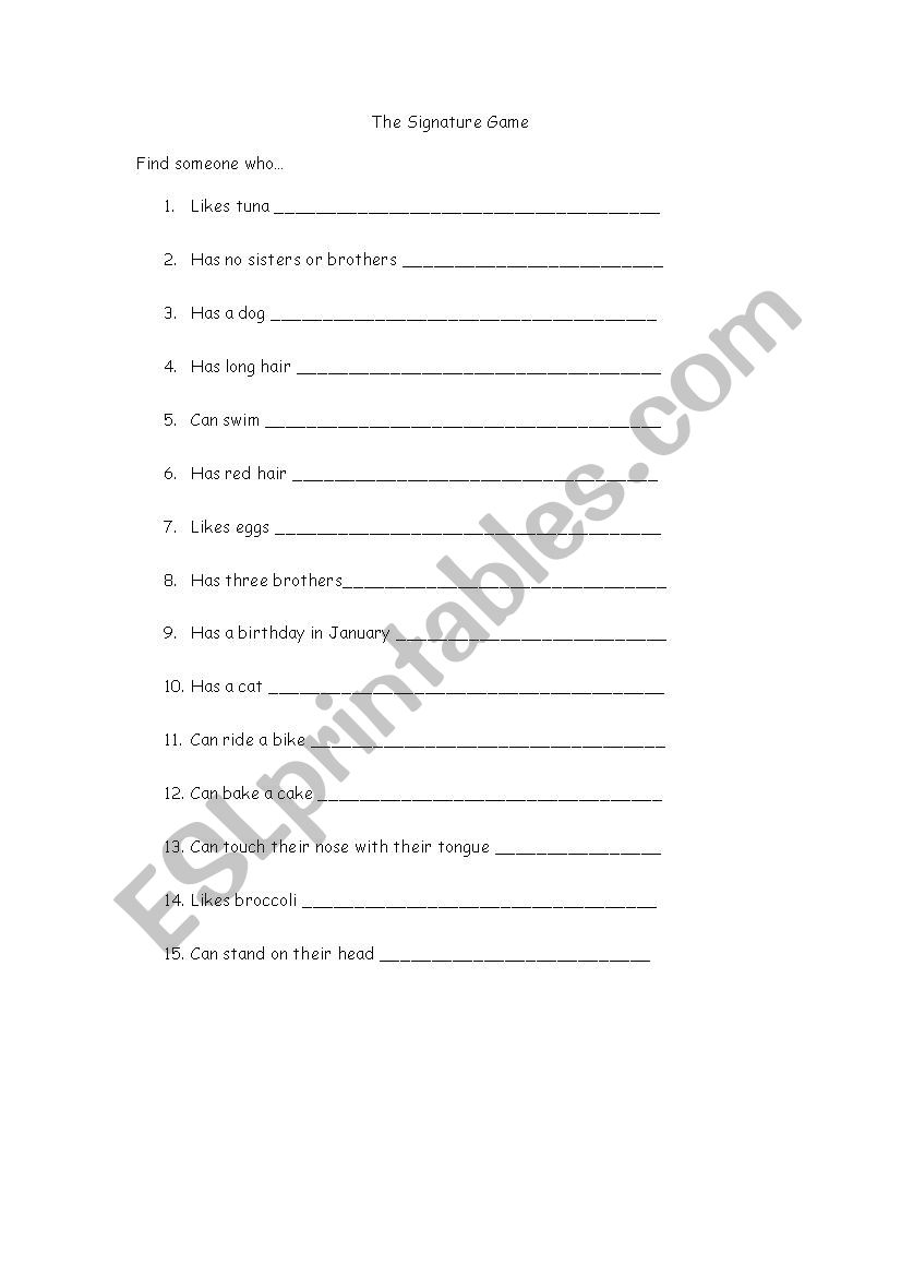 The Signature Game worksheet