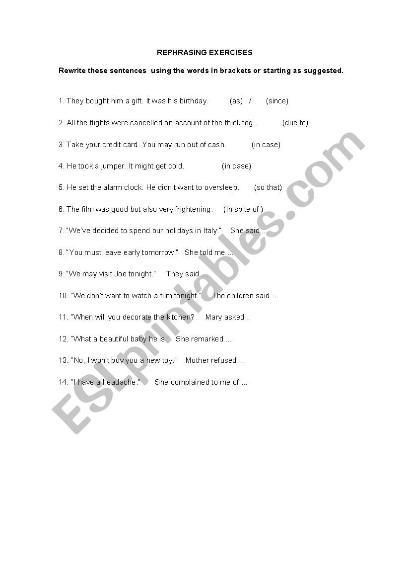 rephrasing exercises worksheet