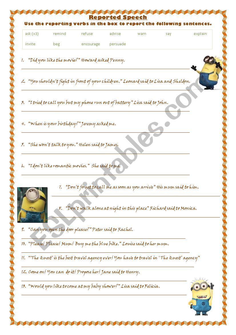 Reported speech with key worksheet